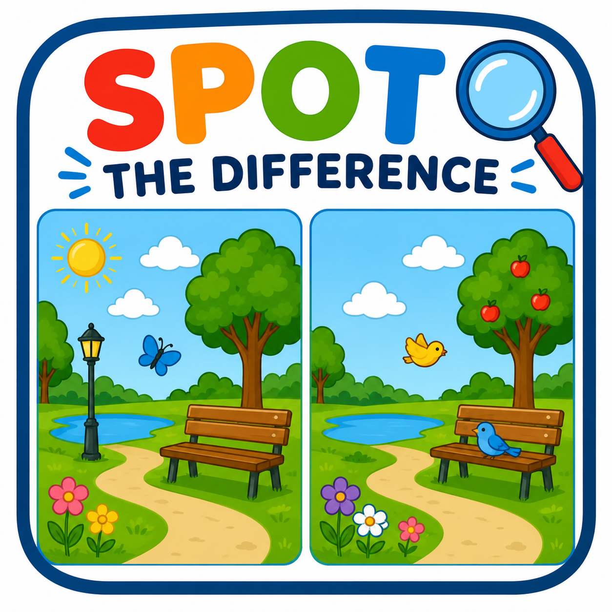 Colorful Spot the Difference activity with two spring park scenes.
