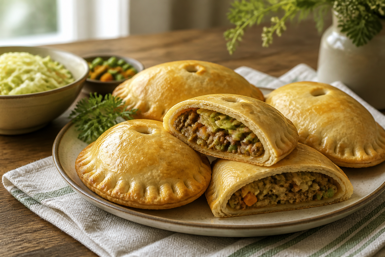 Golden spring garden hand pies on a farmhouse table, with one cut open to show beef, cabbage, carrot, peas, and onion filling.