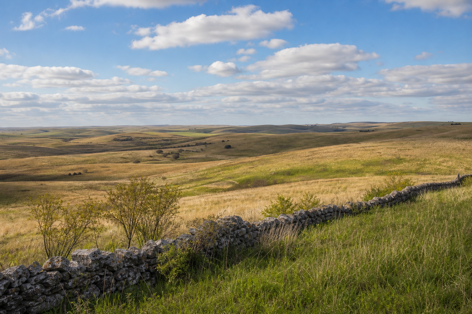 Early spring Flint Hills tallgrass prairie with rolling grassland, a trail or fence cue, and a broad Kansas sky.