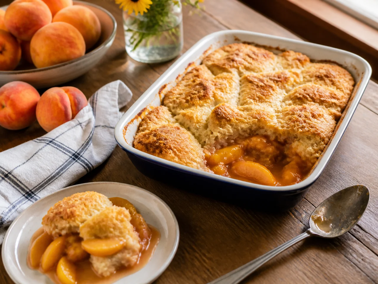 Warm peach cobbler in a baking dish with fresh peaches on a kitchen table.