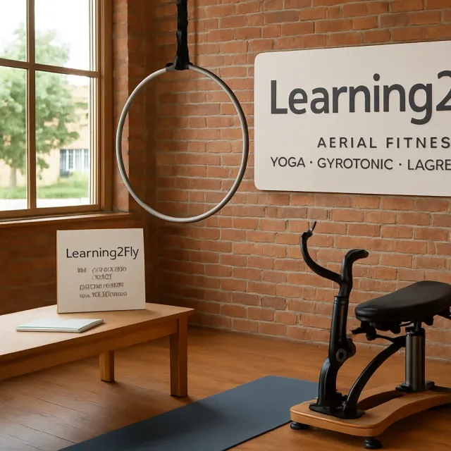 Original JustKansas illustration for Learning2Fly – Aerial Fitness, Yoga, GYROTONIC®, and Lagree Fitness