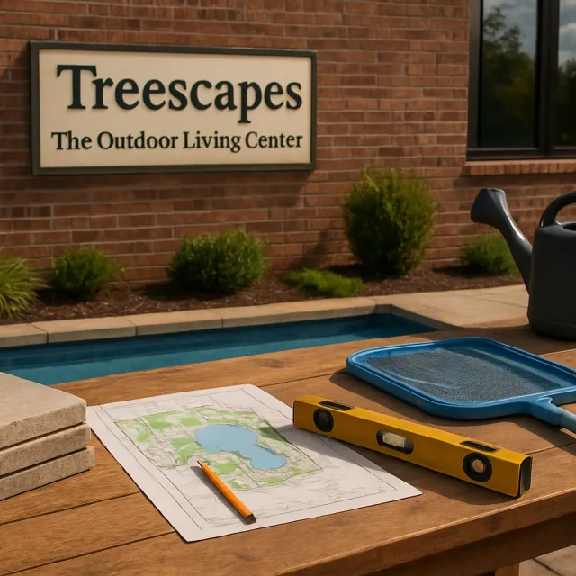 Original JustKansas illustration for Treescapes-The Outdoor Living Center and BigWave Pools