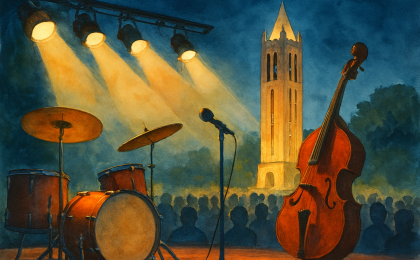 Original JustKansas illustration for Aug 2, 2026: Concerts at the Campanile at Memorial Drive - WWII Memorial Campanile / Campanile Plaza