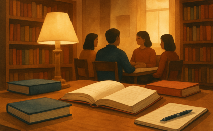Original JustKansas illustration for Aug 26, 2026: Book Club in the Kettle at Watson Library