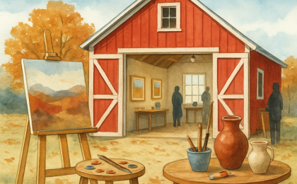Original JustKansas illustration for Dec 5, 2026: Artists' Studio Open House at Red Barn Studio Museum