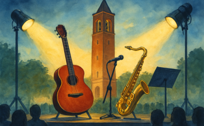 Original JustKansas illustration for Jul 26, 2026: Concerts at the Campanile at Memorial Drive - WWII Memorial Campanile / Campanile Plaza