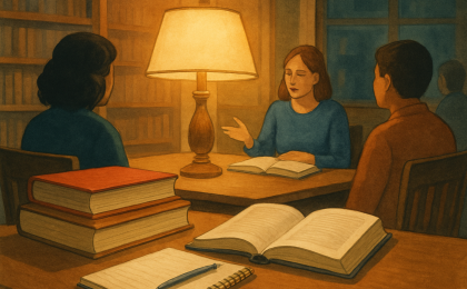 Original JustKansas illustration for May 12, 2027: Book Club in the Kettle at Watson Library