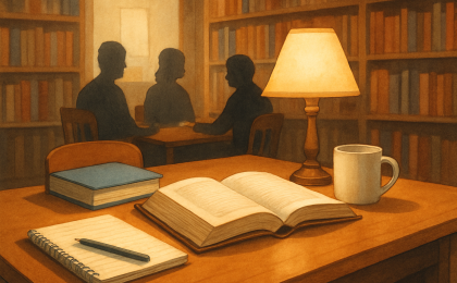 Original JustKansas illustration for Sep 2, 2026: Book Club in the Kettle at Watson Library