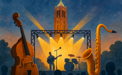 Original JustKansas illustration for Sep 6, 2026: Concerts at the Campanile at Memorial Drive - WWII Memorial Campanile / Campanile Plaza