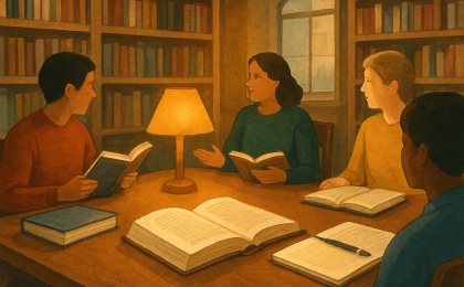 Original JustKansas illustration for Sep 8, 2026: Book Club in the Kettle at Watson Library