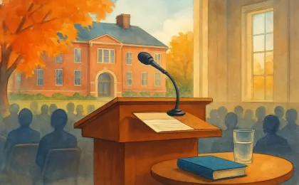 Original JustKansas illustration for 2026 Gene A. Budig Lecture featuring Dr. Hyesun Cho at Joseph R. Pearson Hall