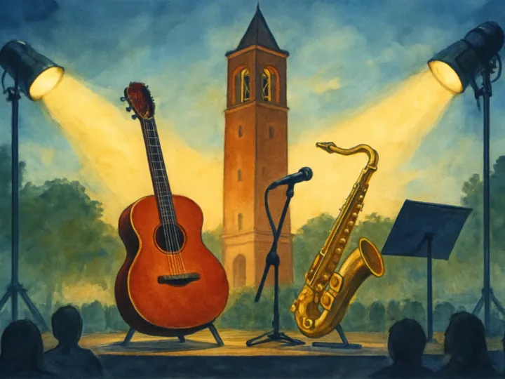 Original JustKansas illustration for Jul 26, 2026: Concerts at the Campanile at Memorial Drive - WWII Memorial Campanile / Campanile Plaza