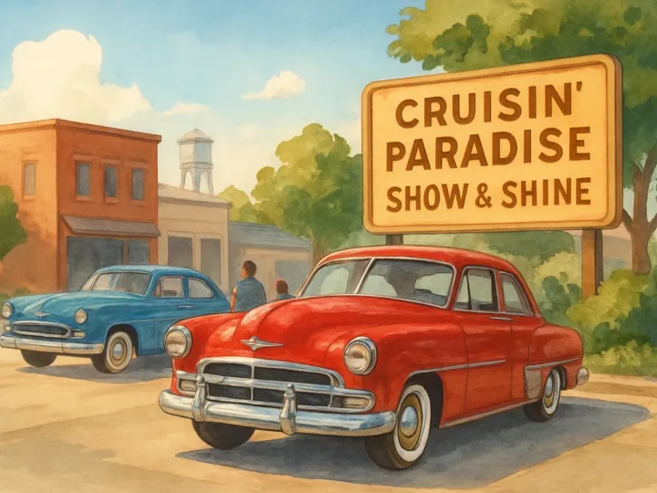 Original JustKansas illustration for Cruisin in Paradise Show & Shine Car Show 2026