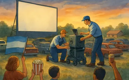 A dusk scene at a drive-in where a projector repair and community support help keep the theater running.