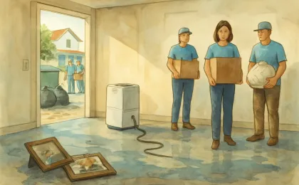A drained basement cleanup scene with damaged personal items and generic flood-recovery supplies with volunteers assisting in the background.