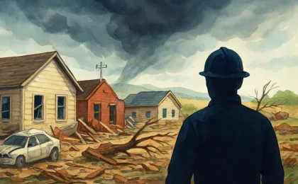 A tornado-damaged Kansas neighborhood with cleanup workers and debris under storm clouds, with a generic weather instrument in the background.