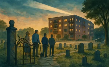Volunteers at a cemetery look toward an apartment complex as security lights sweep the street at dusk.