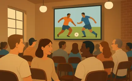 Fans gathered in a community viewing room facing a large screen during a soccer match watch party.