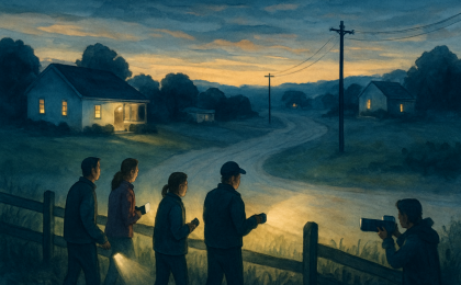 Illustration of a dusk search area near rural intersections outside Augusta with investigators checking cameras and flashlights