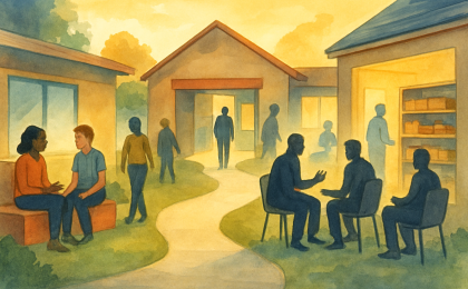 A community outreach center interior with pathways to youth mentorship, mock interview practice, and food assistance spaces.