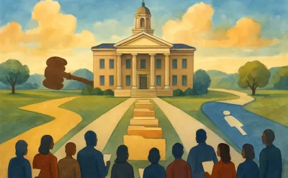 A Kansas courthouse scene with symbolic legal pathways converging toward appellate review and consolidation.