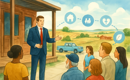 Illustration of a political candidate addressing a small community outside rural storefronts with Kansas farmland in the background.