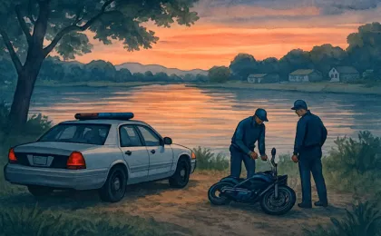 Illustration of responders investigating near a lakeshore after a reported reckless motorcycle incident tied to a domestic violence case.