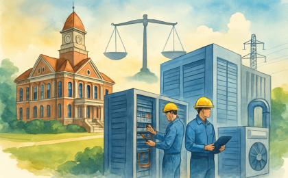 Illustration of county officials weighing data center jobs and tax tradeoffs with workers and resource elements depicted visually.