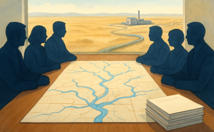 Silhouette officials review water-rights agreement materials around a conference table, with a map and water infrastructure in the background