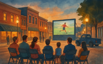 Illustration of a downtown community gathered along a main street to watch a soccer event on an outdoor screen