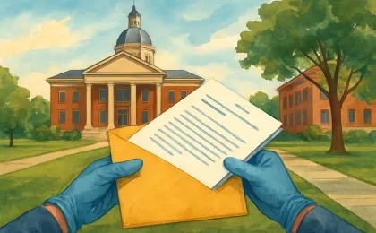 A courthouse backdrop with symbolic legal paperwork and a quiet campus walkway suggesting a dispute over tuition rules.