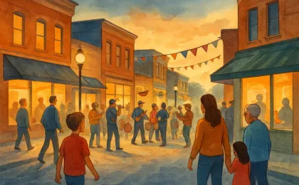 A bustling downtown street with community members watching a street concert and parade at dusk