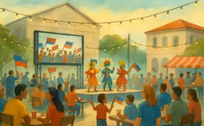 Crowd at an outdoor fan fest watching World Cup footage with cultural performers on a small stage