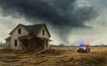 Somber illustration showing storm debris near a destroyed home with emergency lights in the distance as storm clouds dissipate.