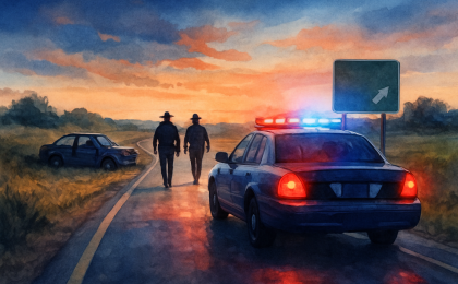 Dusk highway scene with patrol vehicles and a damaged car after a wrong-way chase near El Dorado