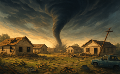 Illustration of tornado aftermath in a Kansas neighborhood with damaged homes and debris under a stormy sky