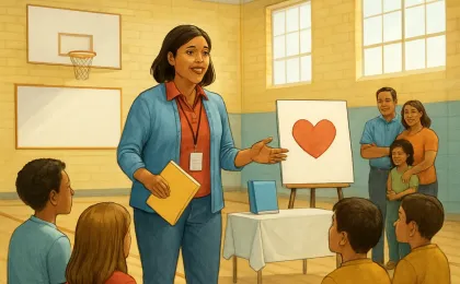 Illustration of a diabetes advocate speaking to students in a school setting with supportive community members nearby