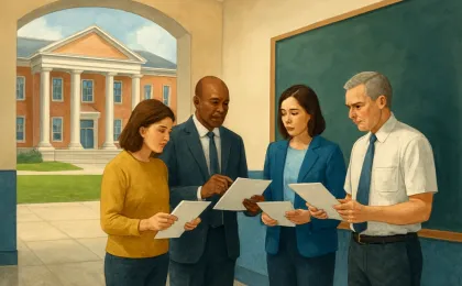 A generic scene of school officials reviewing compliance paperwork in a hallway near an administrative building, representing federal oversight of Title IX allegations.