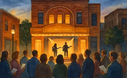 A lit theater at dusk with a crowd outside and musicians performing onstage under spotlights.