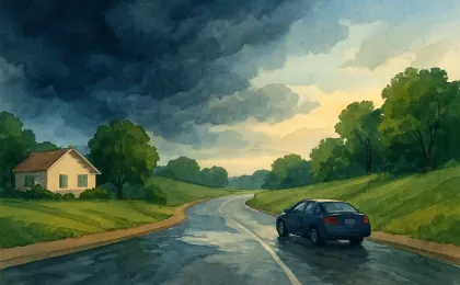 Illustration showing safe road behavior near floodwater as storm conditions clear in eastern Kansas