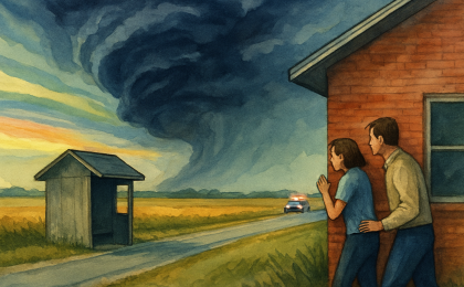 A stormy Kansas-like landscape with rotating clouds and residents taking cover near a small home during a severe weather event.