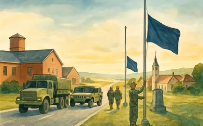 Illustration of soldiers departing from a military installation, shifting into a European ceremonial scene of a unit transition.