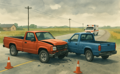 Illustration showing two pickups after a collision near a rural Kansas intersection and an ambulance responding.