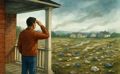 A person on a porch looks toward a nearby landfill landscape as faint haze drifts over homes.