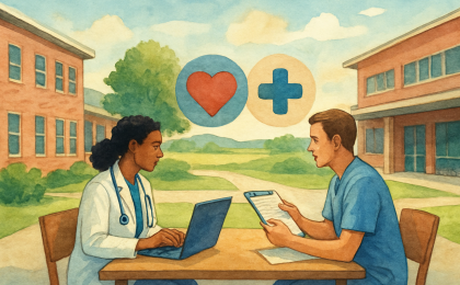 An editorial illustration showing a community college campus connected to rural healthcare training and workforce development.