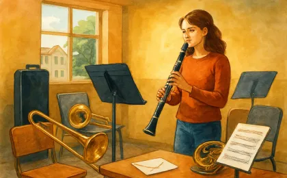 A quiet college band rehearsal scene with instruments and sheet music, conveying support for a music program