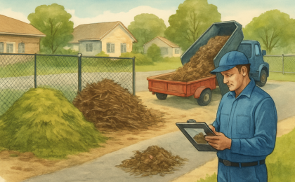 Artist’s depiction of a city compost site with separate yard-waste piles, monitoring equipment, and improper debris being addressed.