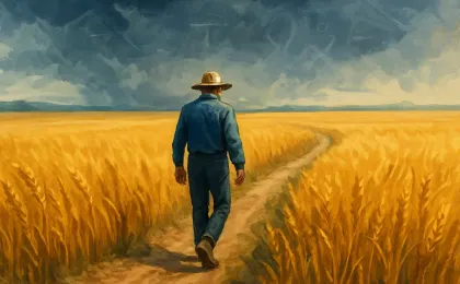 A farmer walks through golden wheat fields as the harvest season prompts reflective contemplation.
