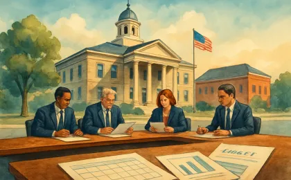 A county courthouse scene with officials reviewing budget and wage documents for a future year.