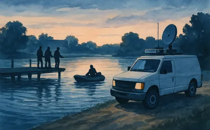 Responders conduct a recovery operation at a lakeside swimming area with sonar equipment nearby